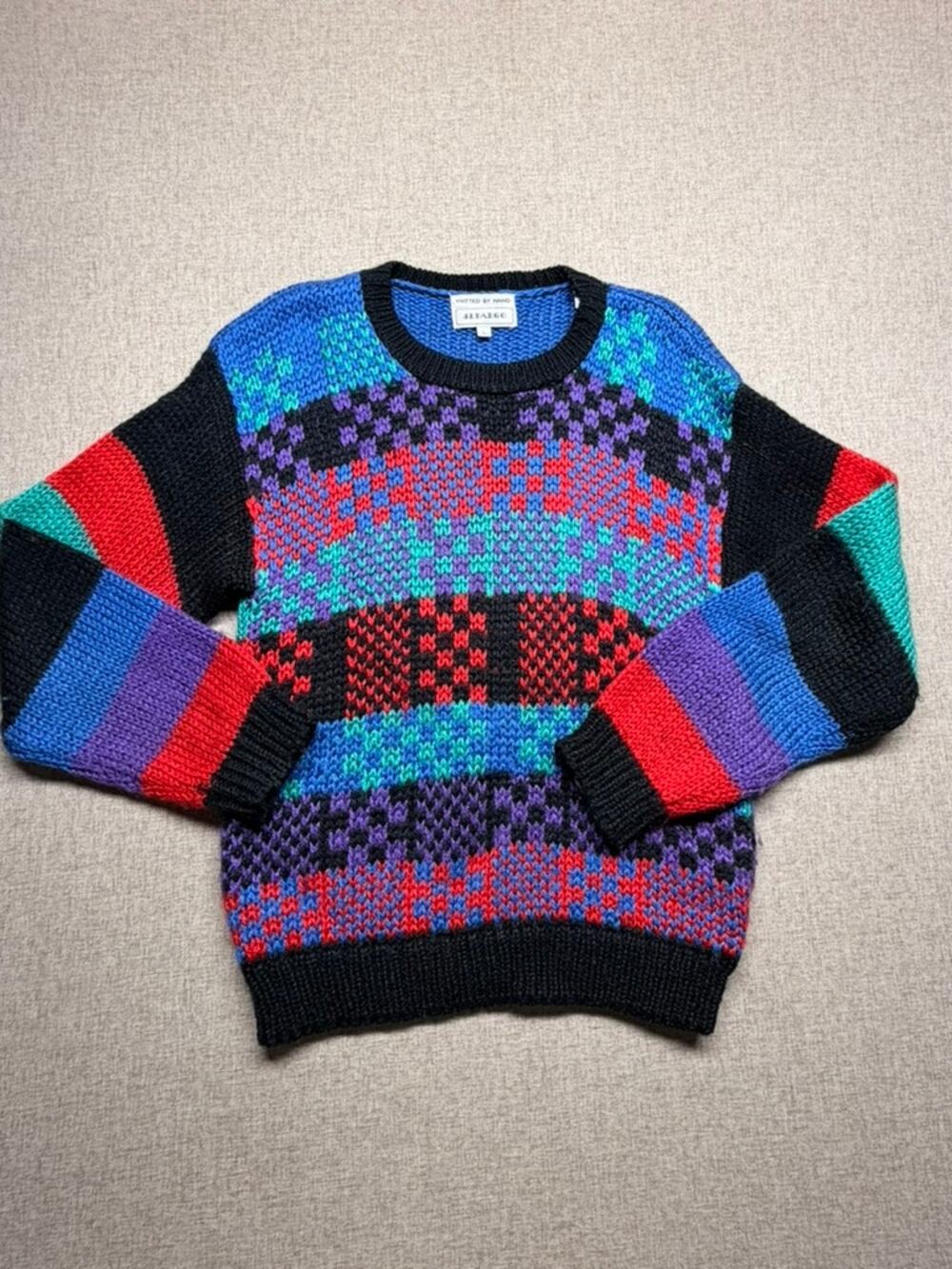 Vintage 80s J. FARGO Hand Knitted Abstract Colorblock Chunky Knit Sweater L